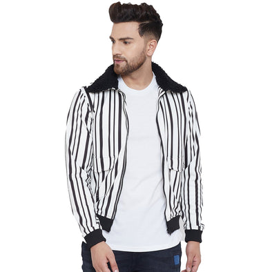 White Stripped Fur Collar Bomber Jacket