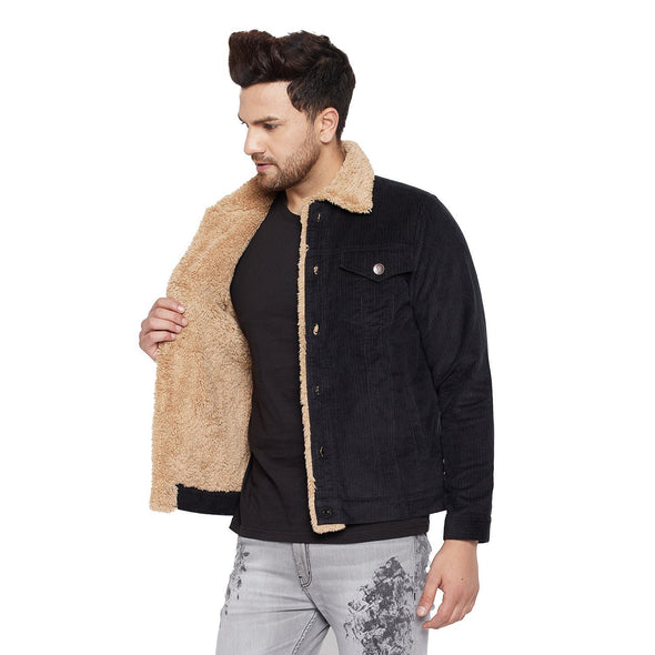 Black Corduroy Faux Fur Lined Sherpa Jacket