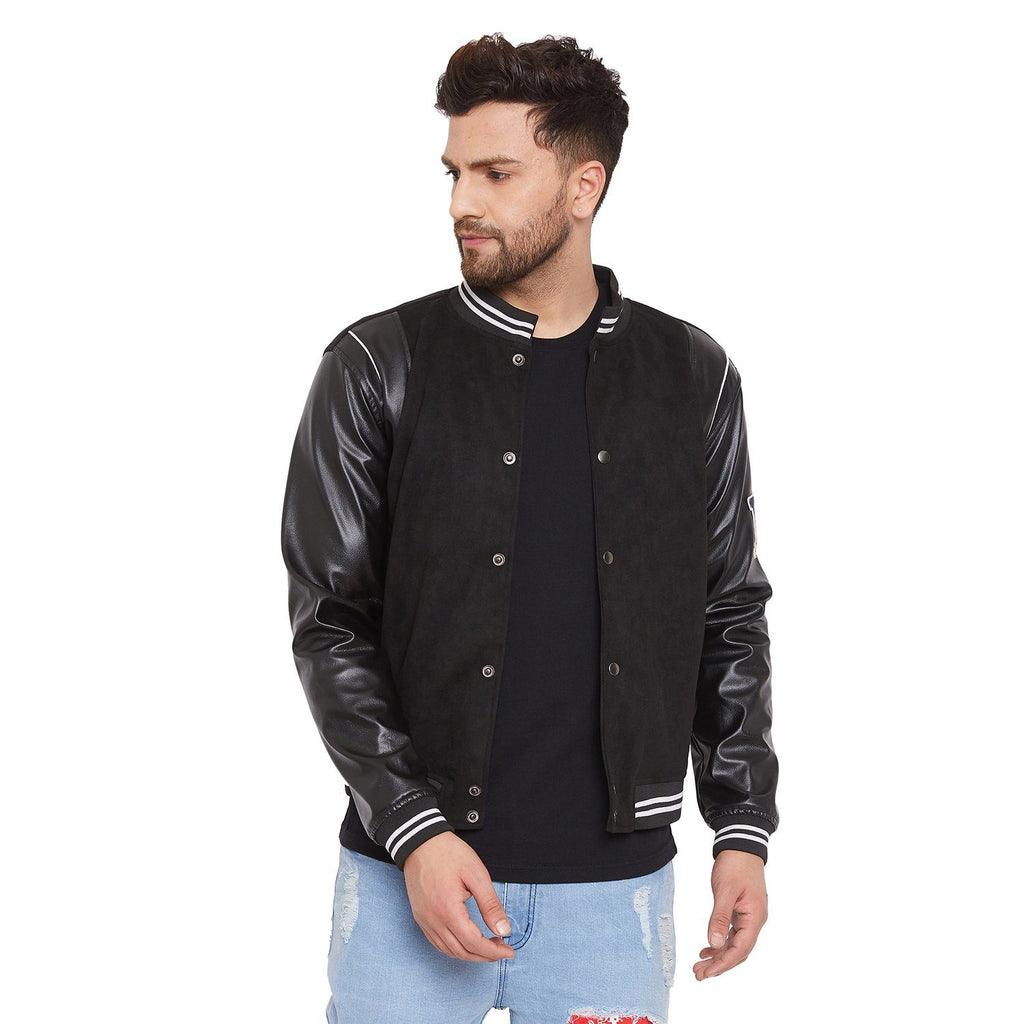 Black Faux Seude Leather Sleeves Bomber Jacket | Buy Men Jacket ...