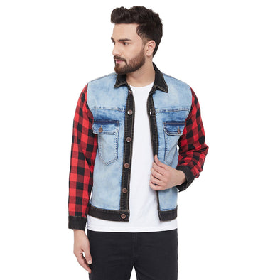 Denim Jacket with Checkered Flannel Sleeves Jackets - Fugazee