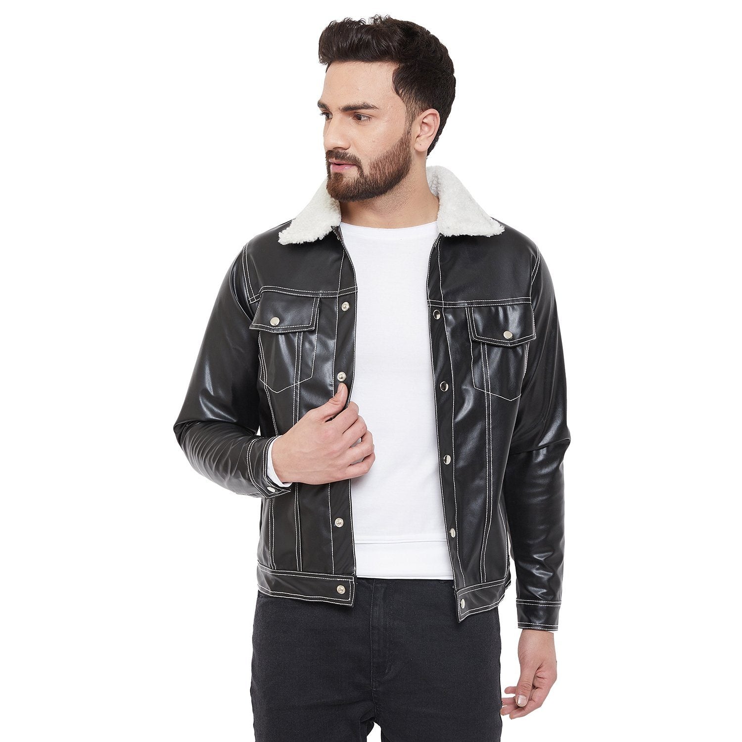 SLAY Mens Black Contrast Stitch Denim Cotton Biker Jacket For Men SLAY Denim  Jacket free shipping discount