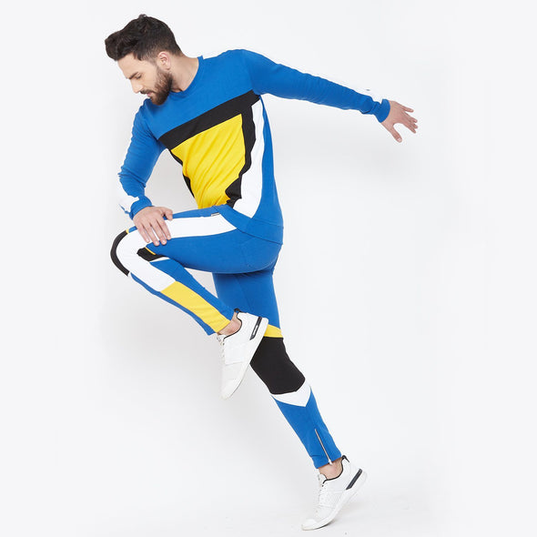 Electric Blue Cut and Sew Sweatshirt and Sweatpants Combo Jogsuit Suits - Fugazee