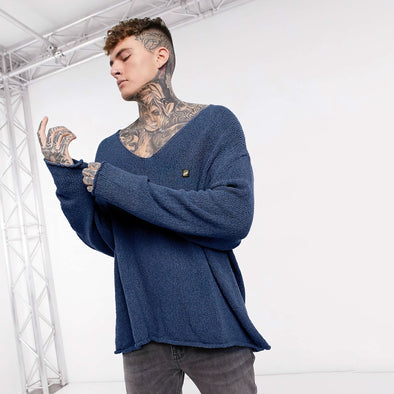Blue Melange Oversized Raw Edge Sweater