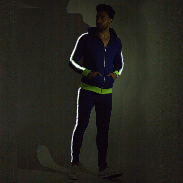 Blue Neon Reflective Taped Sweatshirt and Sweatpants Combo Jogsuit Suits - Fugazee