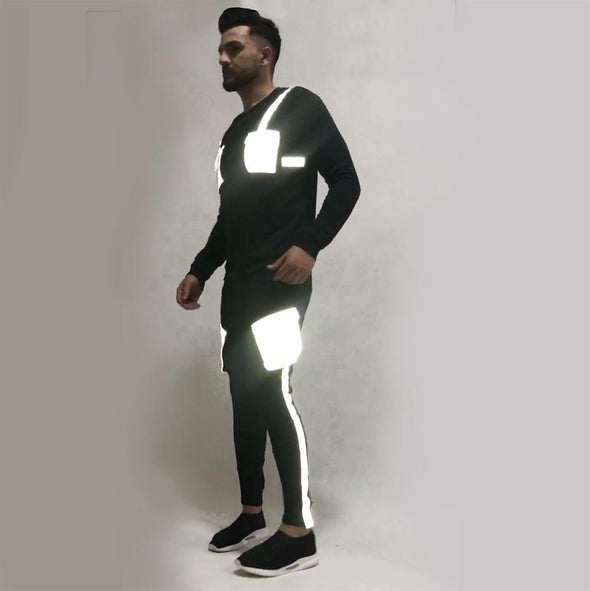 Black Reflective Chest Pocket Taped Sweatshirt and Cargo Joggers Combo Suit
