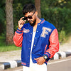Blue Woollen Faux Leather Sleeves Letterman Varsity Jacket