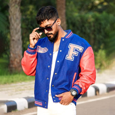 Blue Woollen Faux Leather Sleeves Letterman Varsity Jacket