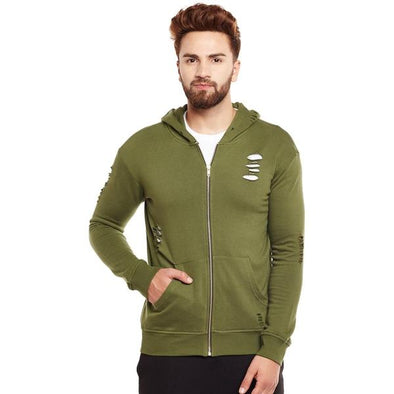 Olive Ripped Hoodie Sweatshirts - Fugazee