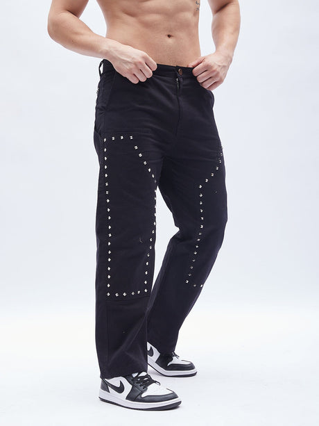 Black Twill Studded Carpenter Trousers Trousers Fugazee 