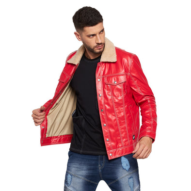 Fur Collar Red Faux Leather Jacket